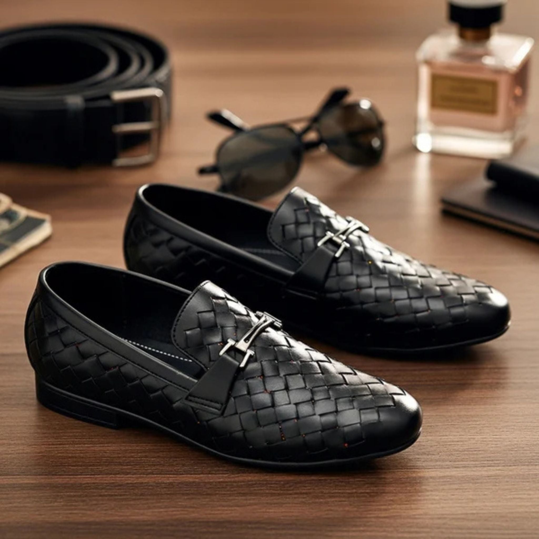 Premium Black Woven Leather Loafers