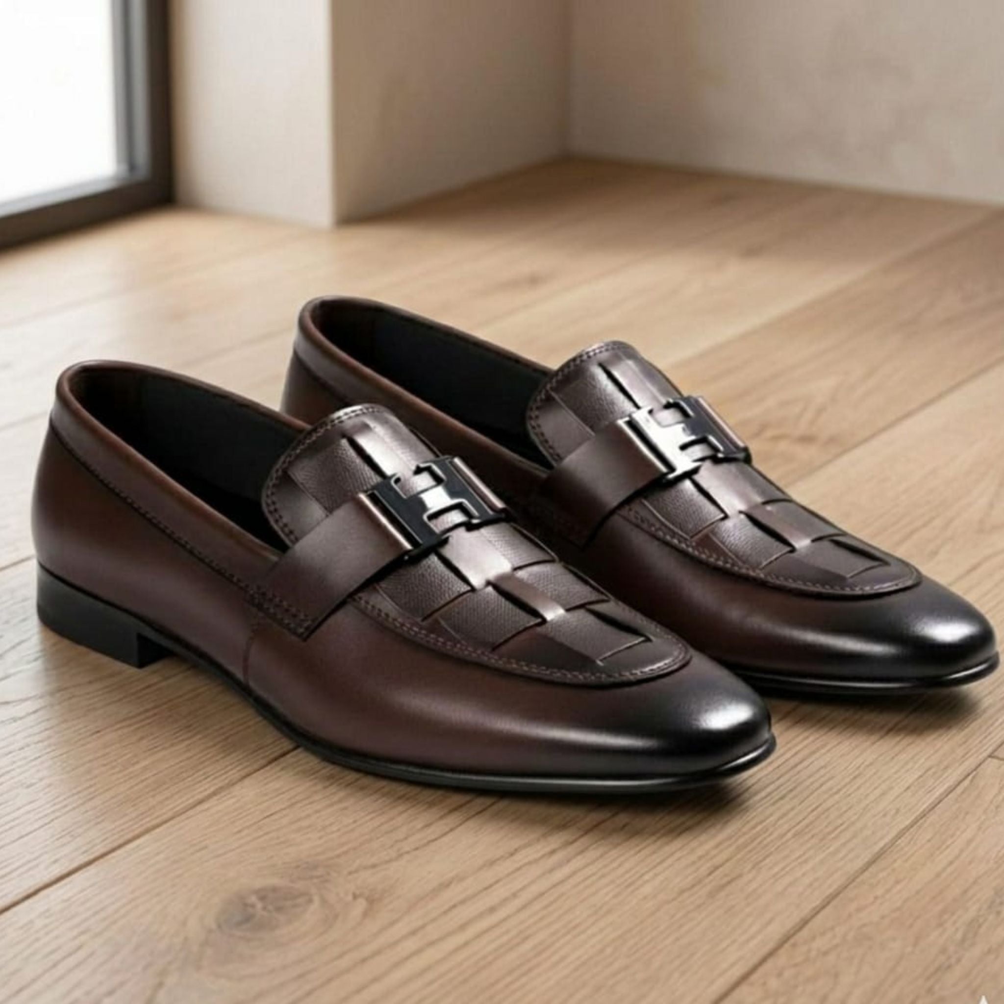 Classic Brown H-Buckle Leather Loafer