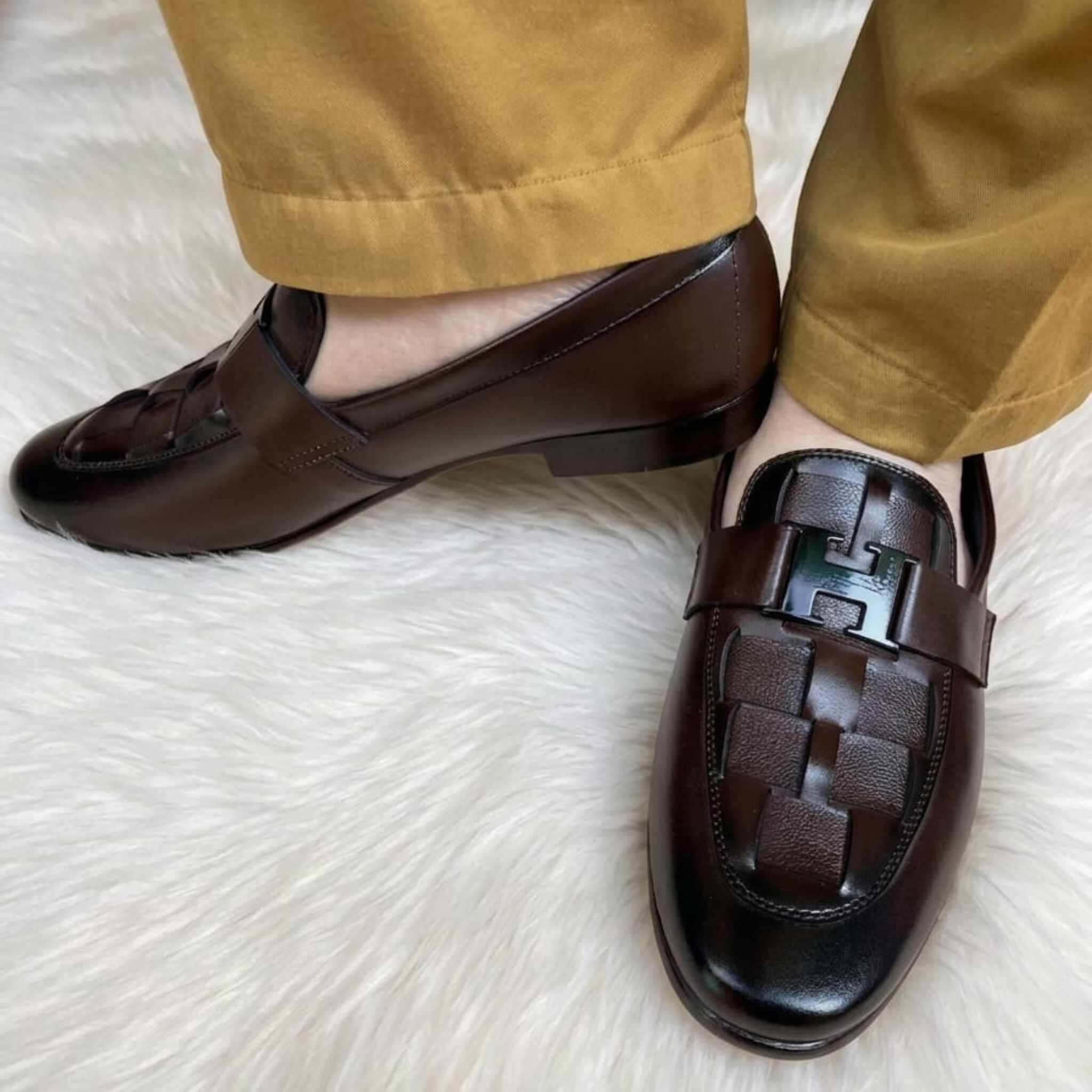 Classic Brown H-Buckle Leather Loafer