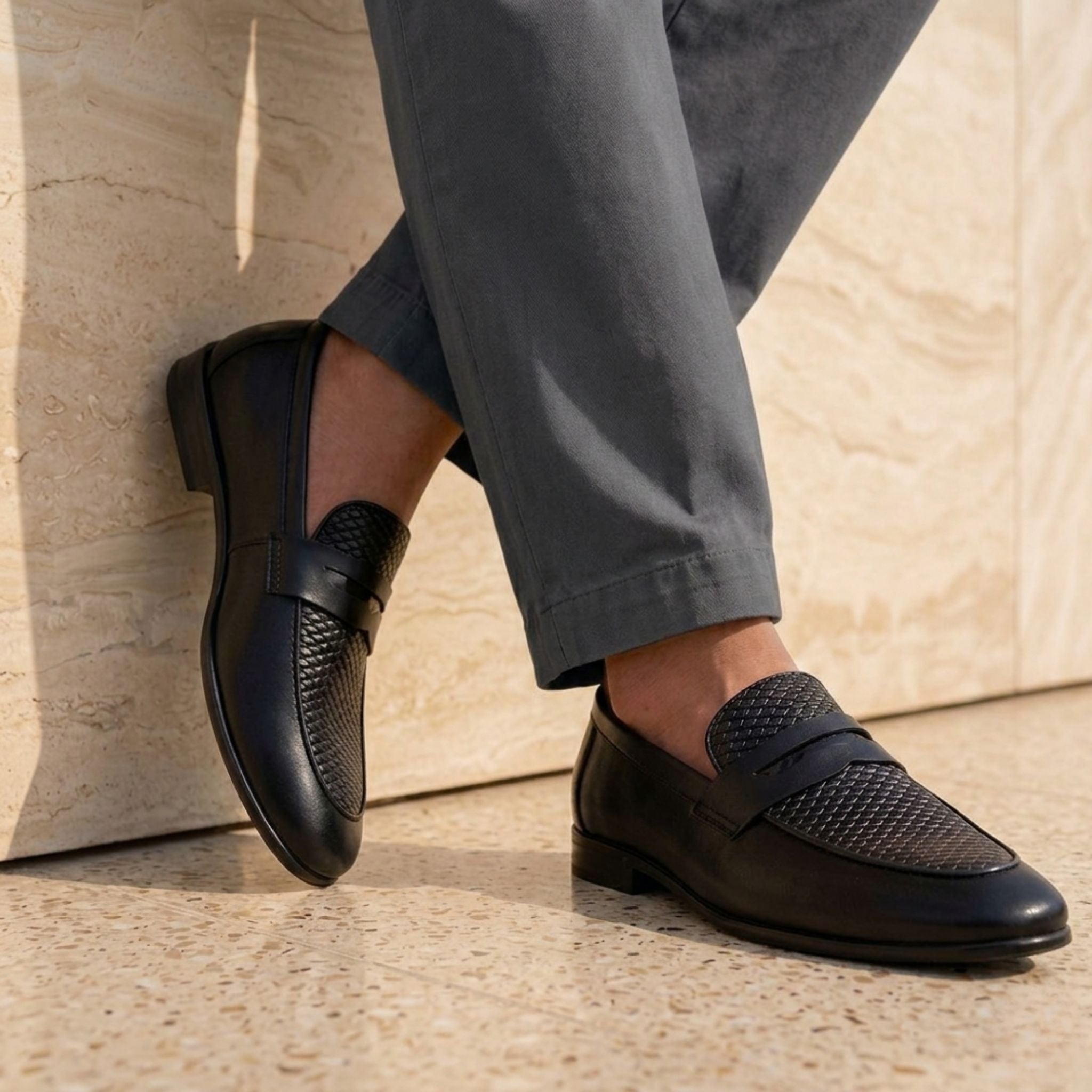 Premium Black Textured Leather Loafers