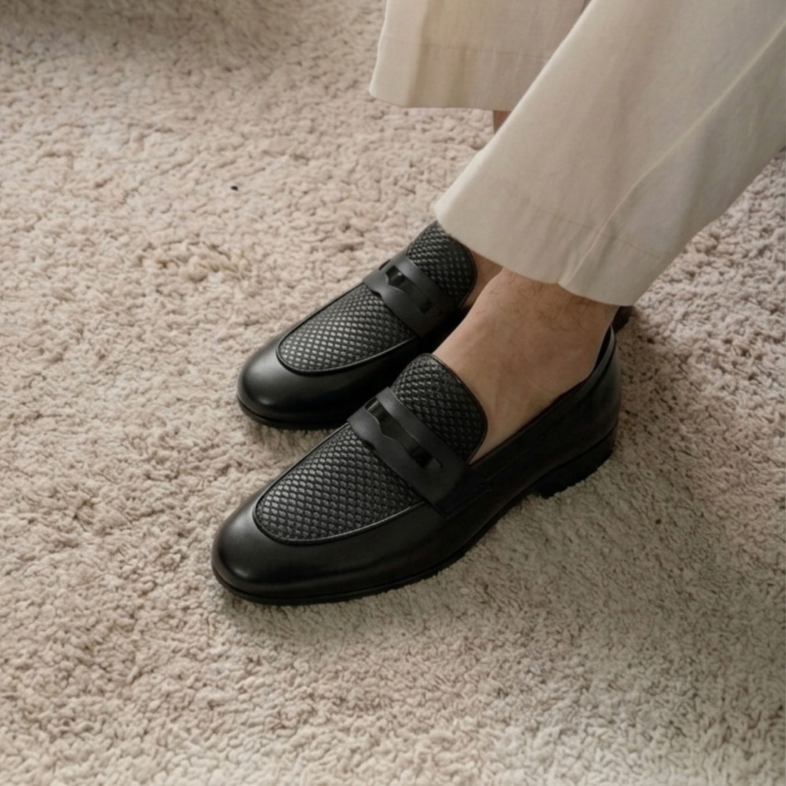 Premium Black Textured Leather Loafers