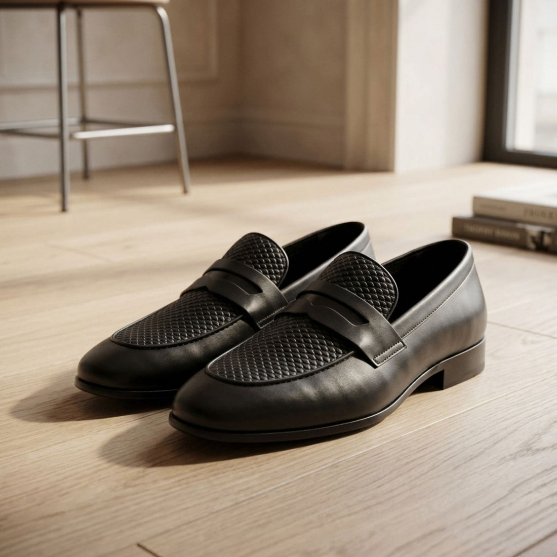 Premium Black Textured Leather Loafers