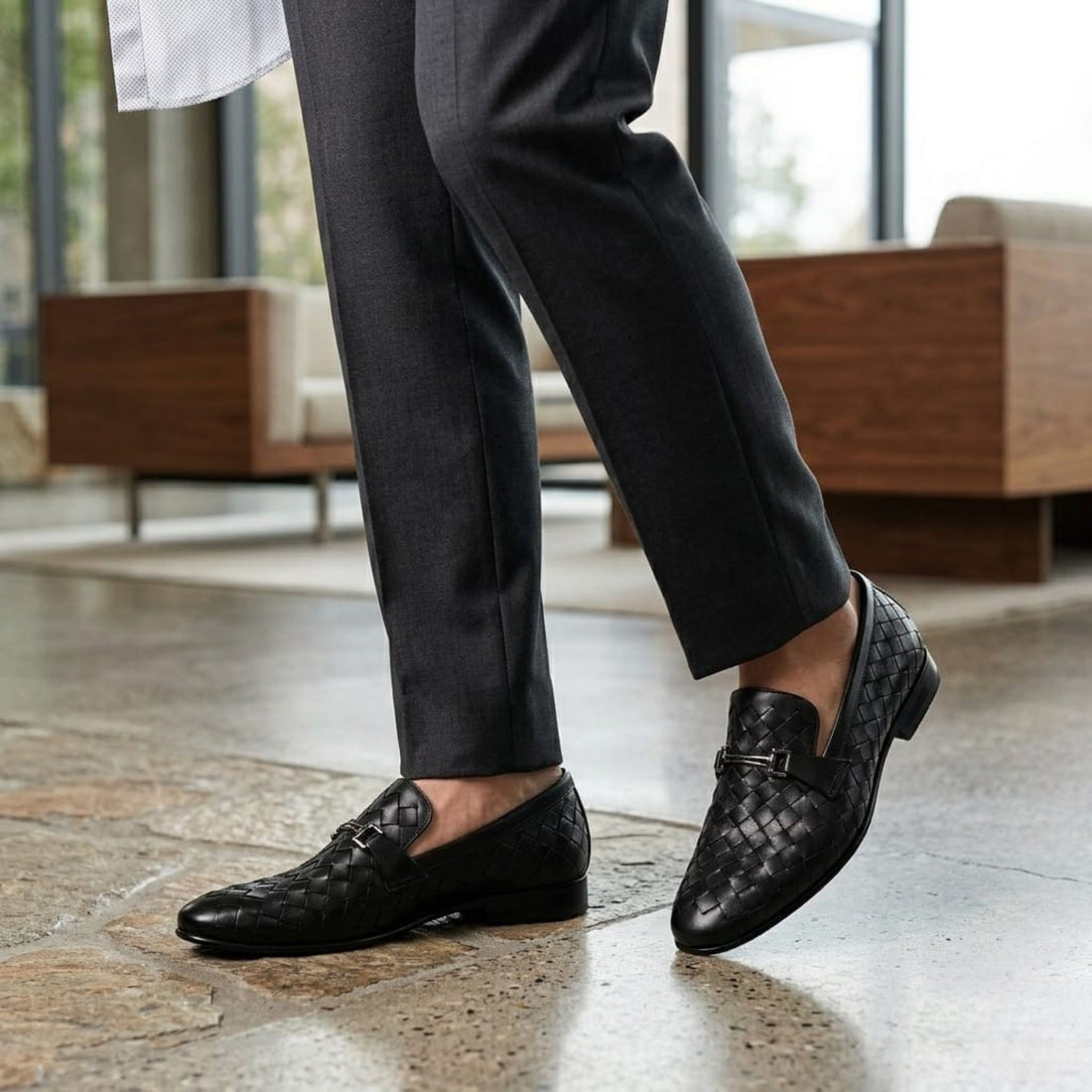 Premium Black Woven Leather Loafers