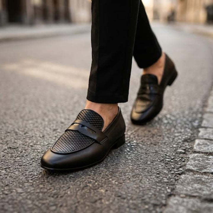 Premium Black Textured Leather Loafers