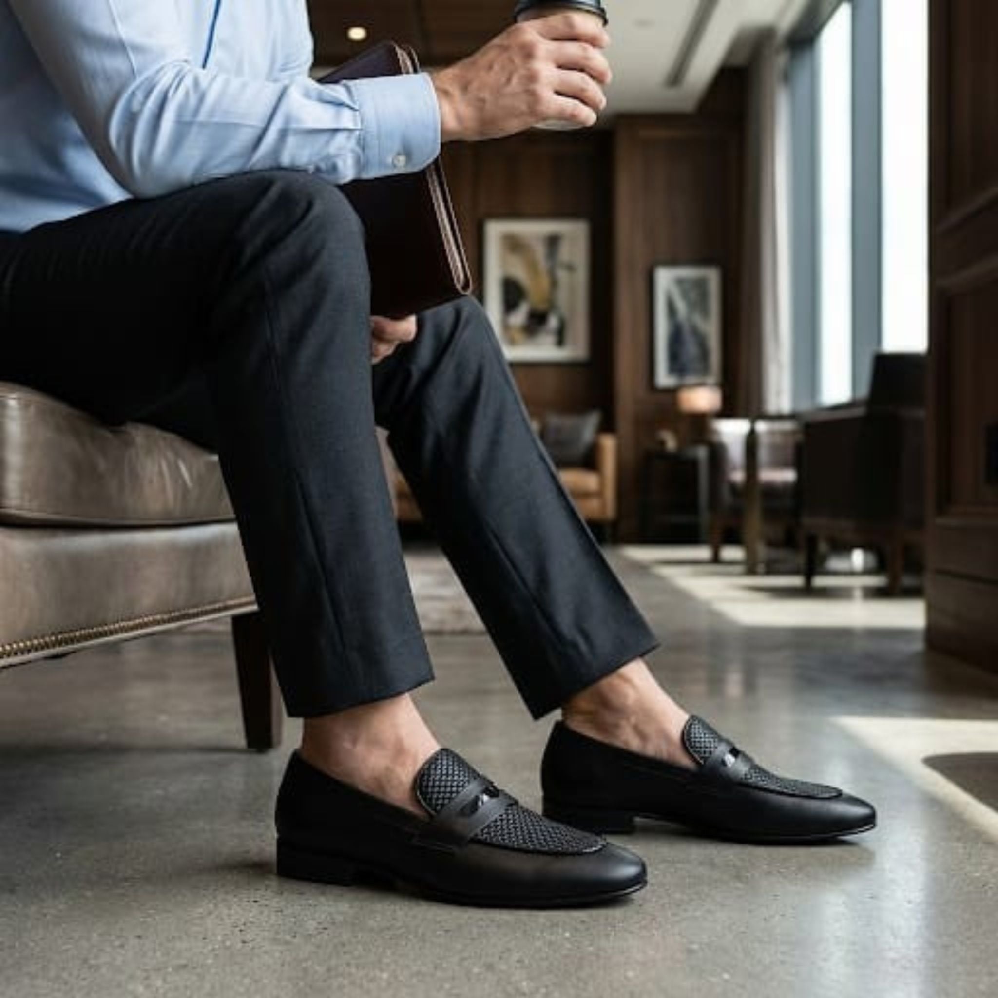 Premium Black Textured Leather Loafers