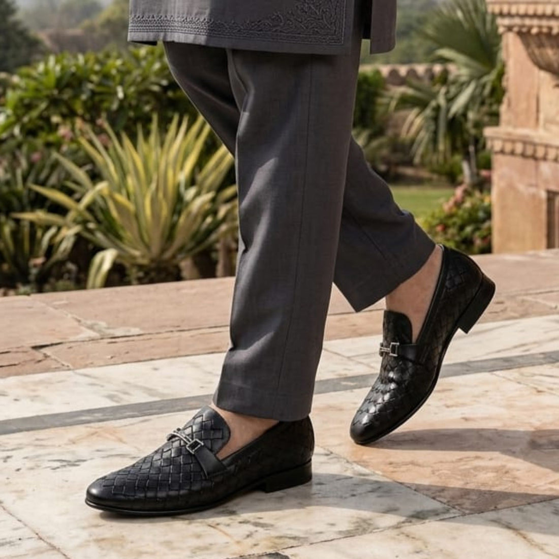 Premium Black Woven Leather Loafers