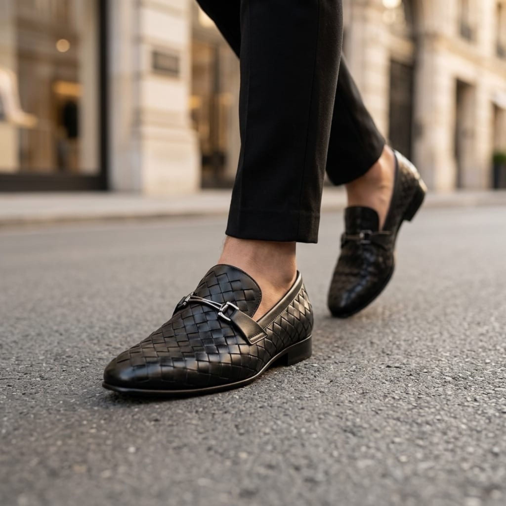Premium Black Woven Leather Loafers