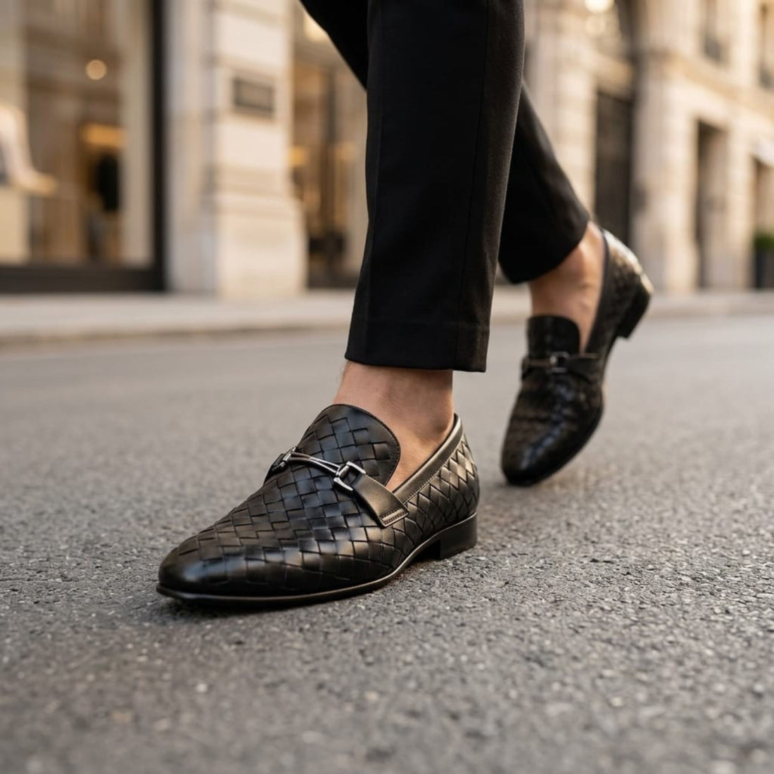 Premium Black Woven Leather Loafers