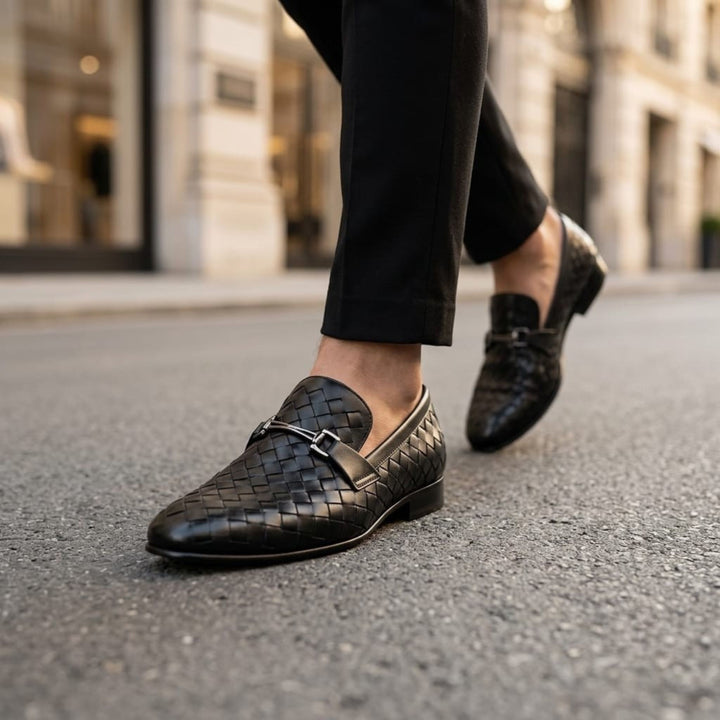 Premium Black Woven Leather Loafers