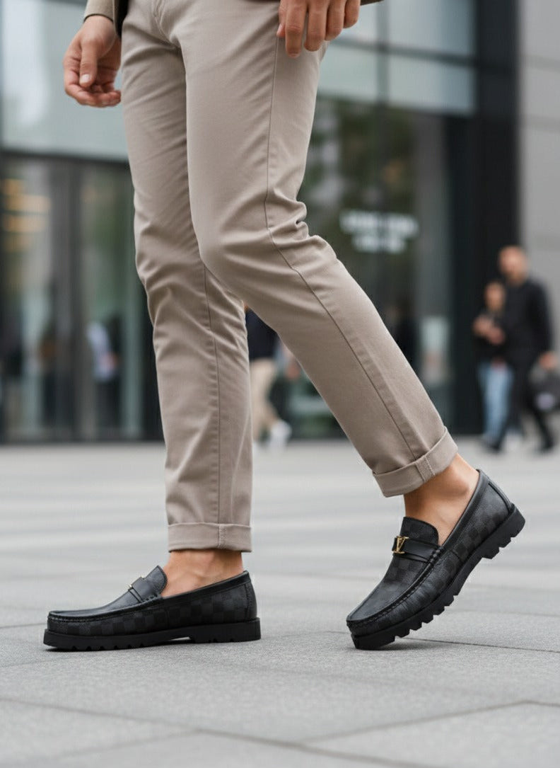 Elegant Black Checkered Loafers (High Sole)